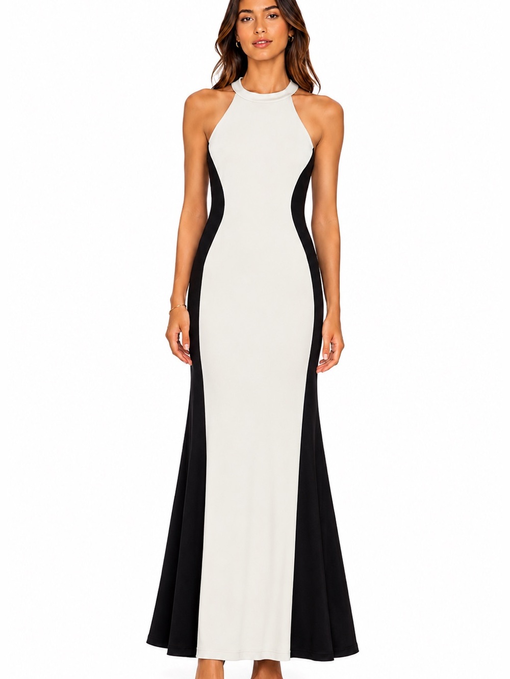 Carmen Marc Valvo Black & Cream Halter Colorblock Maxi Dress M